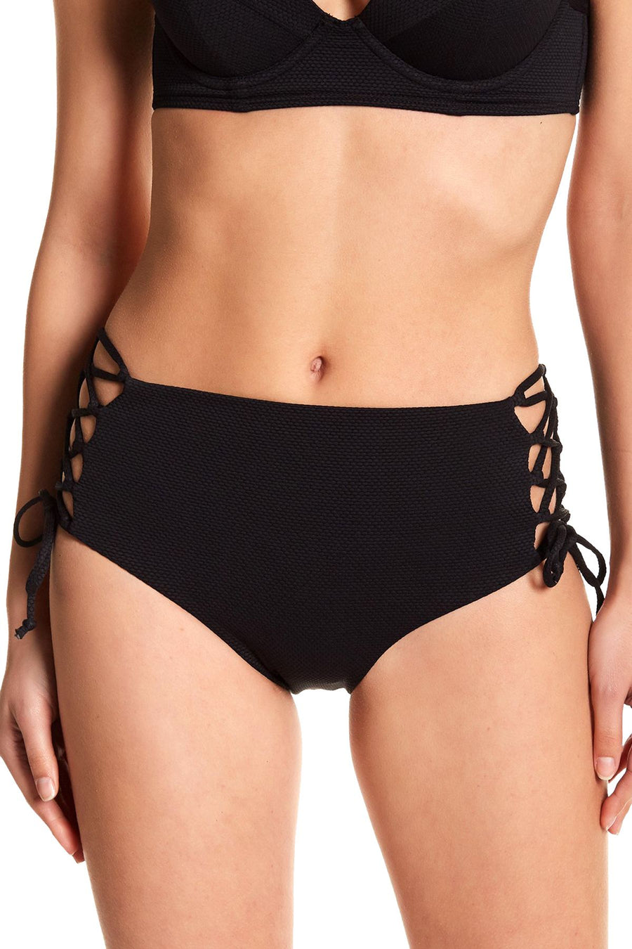 RACHEL by Rachel Roy Black Textured Lace-Up High-Waist Bikini Bottom