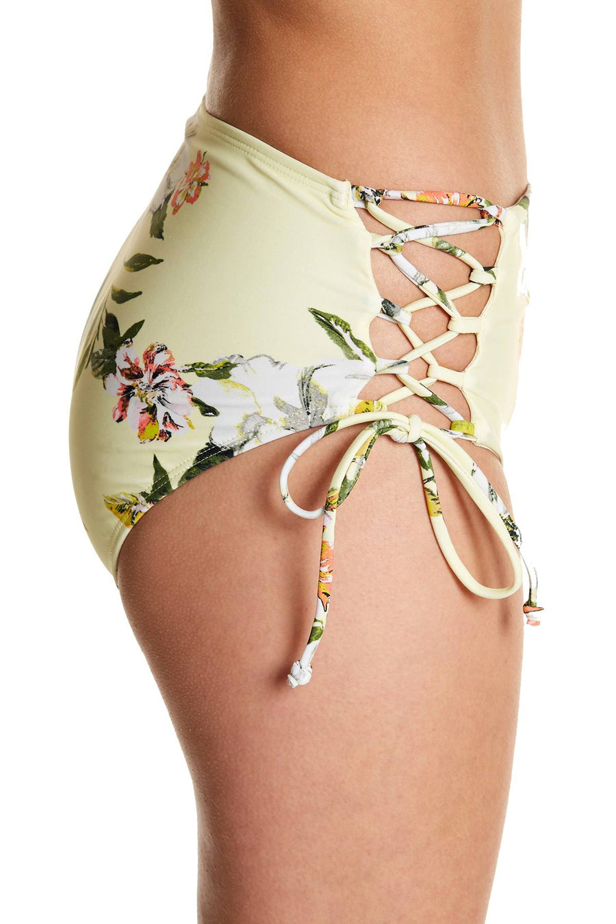 RACHEL by Rachel Roy High Waist Lace Up Bikini Bottom in Yellow Summer Floral