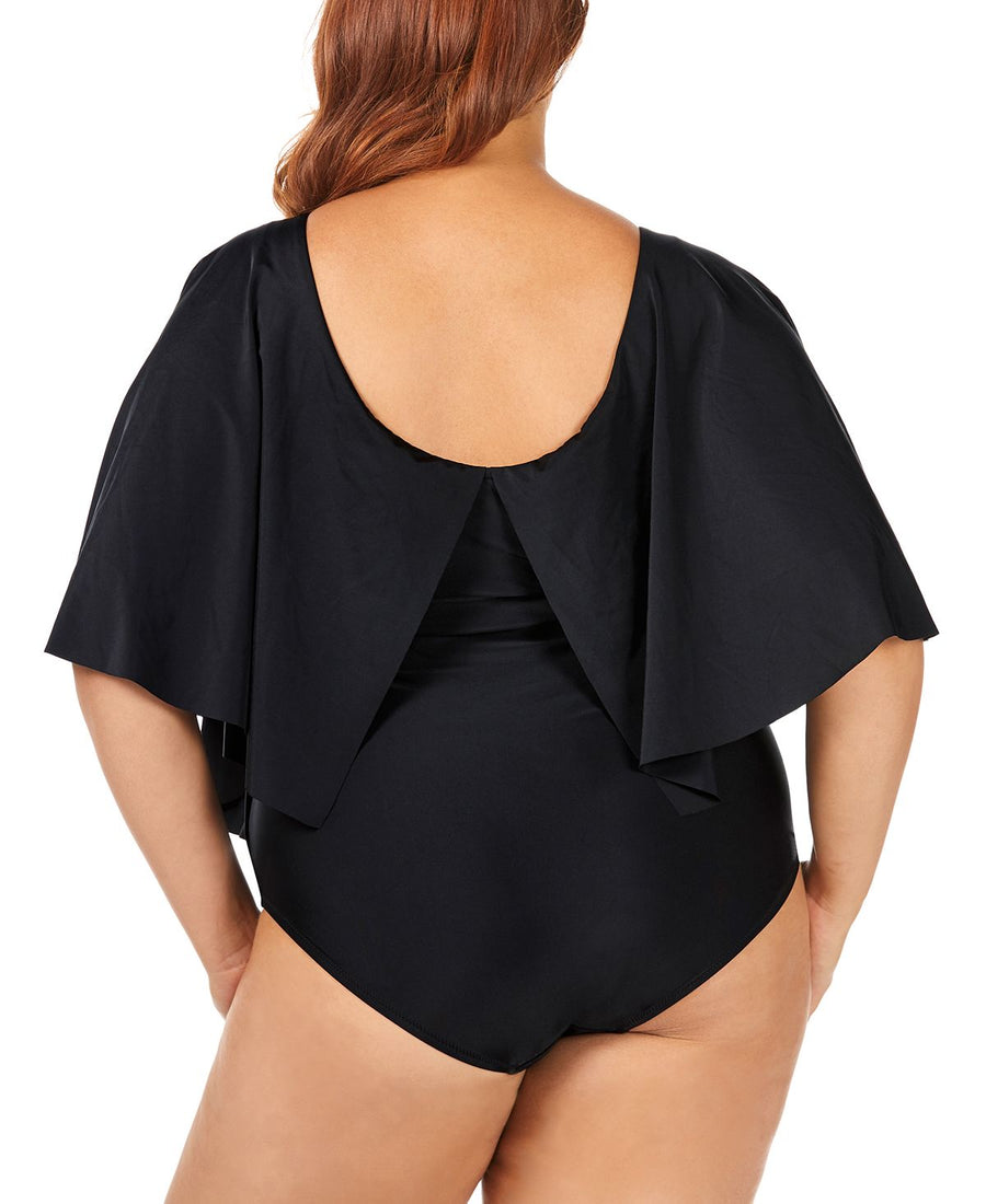 Raisins Curve Trendy Plus Juniors' Solid Stingray Flutter Sleeve One-piece Swimsuit Black