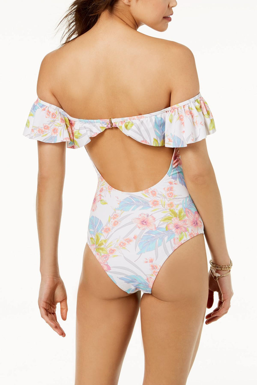 Raisins White-Floral Maui-Gardens Off-The-Shoulder Ruffle Cheeky Swimsuit