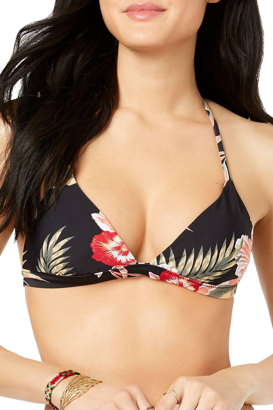 Roxy Anthracite Castaway-Floral Triangle V-Neck Bikini Top
