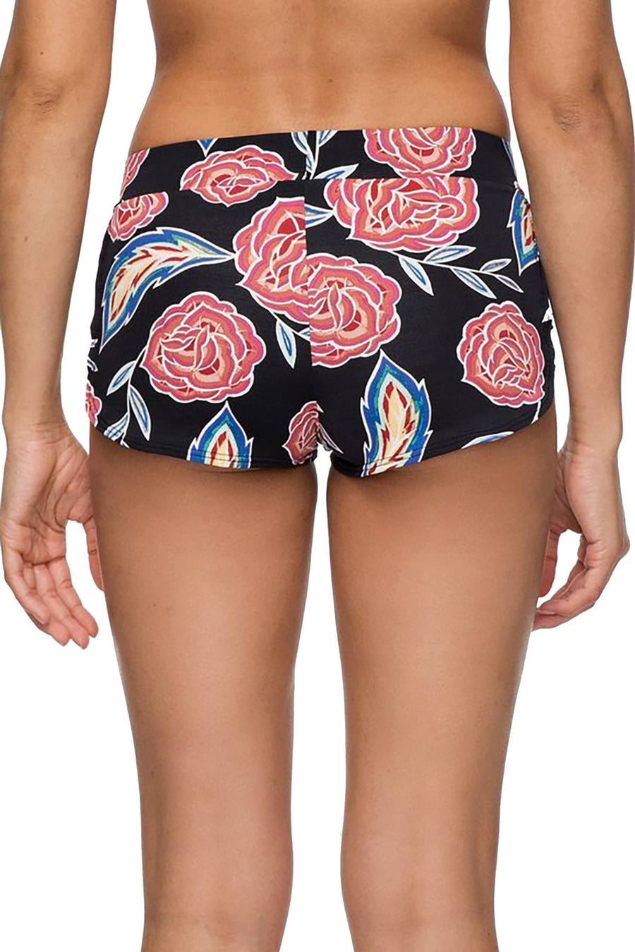 Roxy Anthracite Mexican-Rose Softly Love Printed Strappy Boyshort Swim Bottom