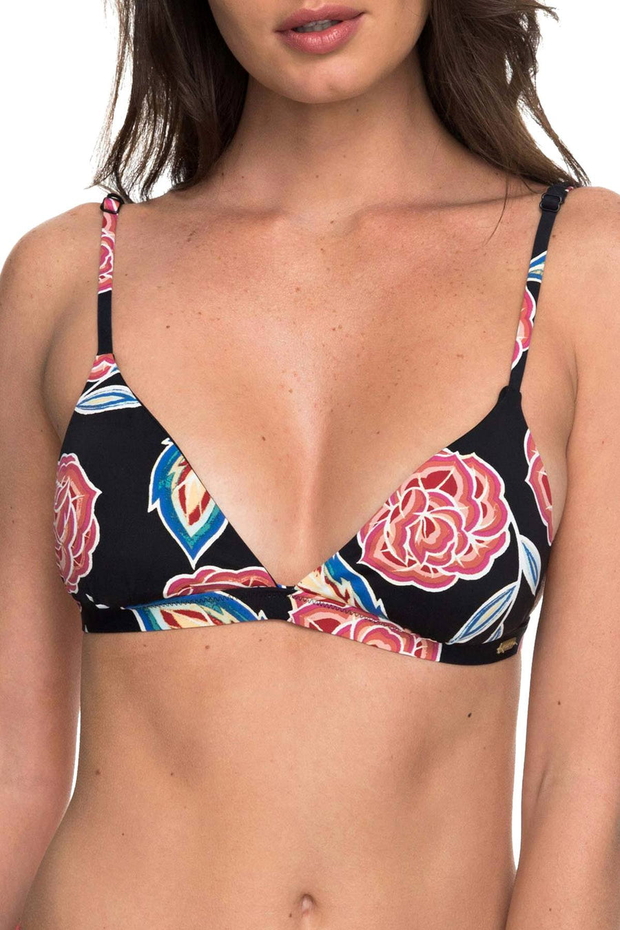 Roxy Black Anthracite Mexican-Roses Reversible Fixed Tri Bikini Top