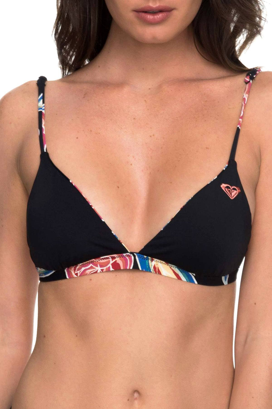 Roxy Black Anthracite Mexican-Roses Reversible Fixed Tri Bikini Top