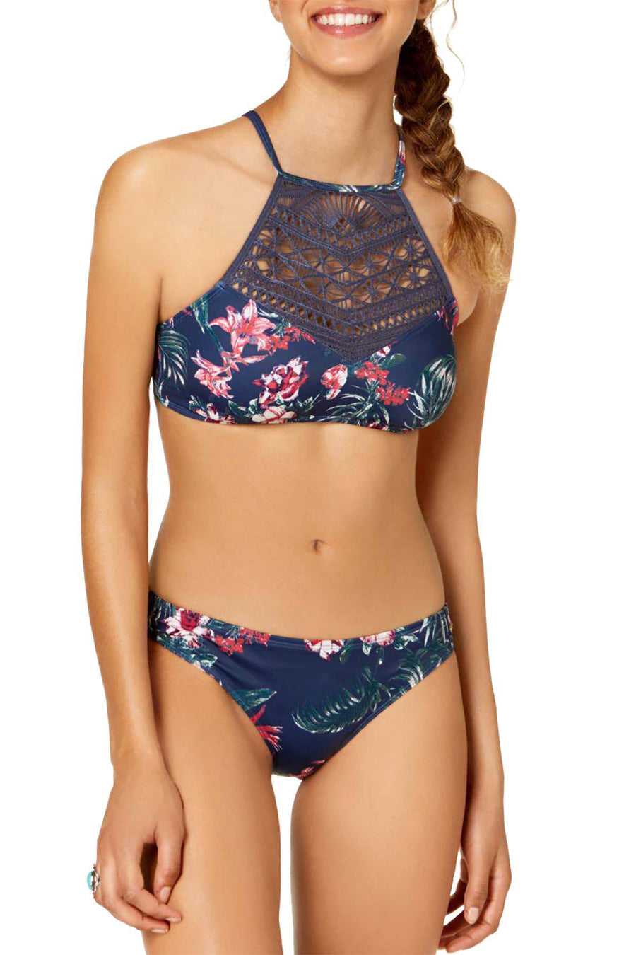 Roxy Dark-Blue Floral Arizona Dream High-Neck Crochet-Trim Bikini Top