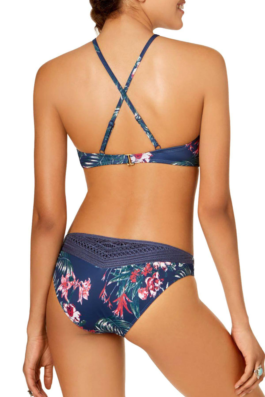 Roxy Dark-Blue Floral Arizona Dream High-Neck Crochet-Trim Bikini Top