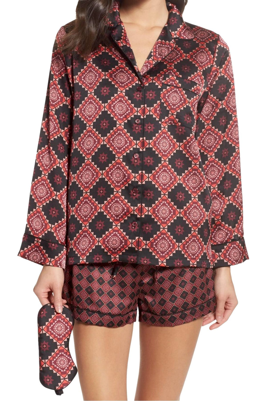 Sam Edelman Windsor-Wine/Aztec Short Pajamas & Eye Mask 3-piece Set