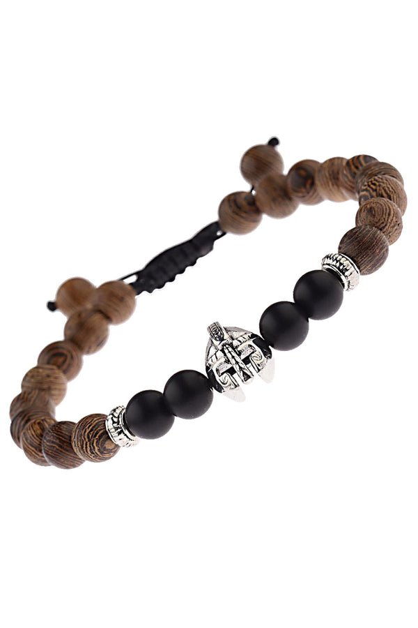 Sandalwood/Matte-Black Onyx Spartan-Helmet Charm Meditation Bracelet