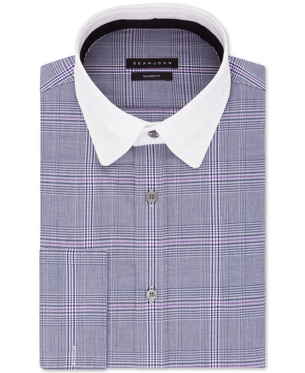 Sean John Classic/regular-fit Blue Plaid French Cuff Dress Shirt Blue Velvet