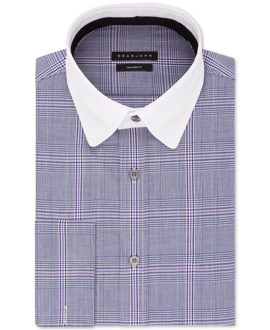 Sean John Classic/regular-fit Blue Plaid French Cuff Dress Shirt Blue Velvet