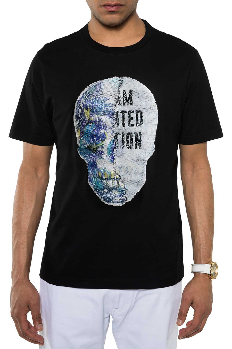 Sean John Deep Black Reversible Sequin Skull T-Shirt