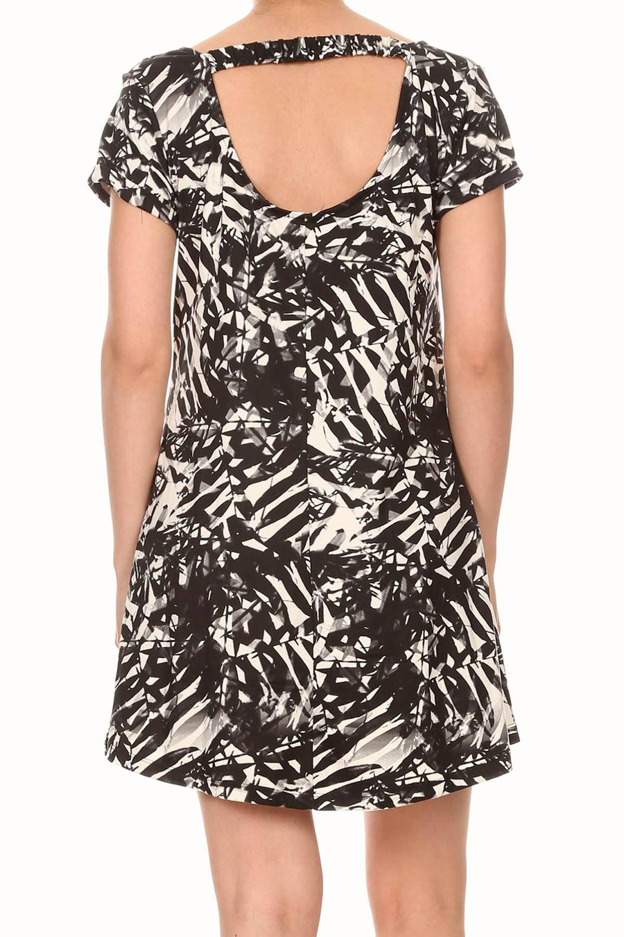 ShoSho Black/White Tropical-Print A-Lined Dress