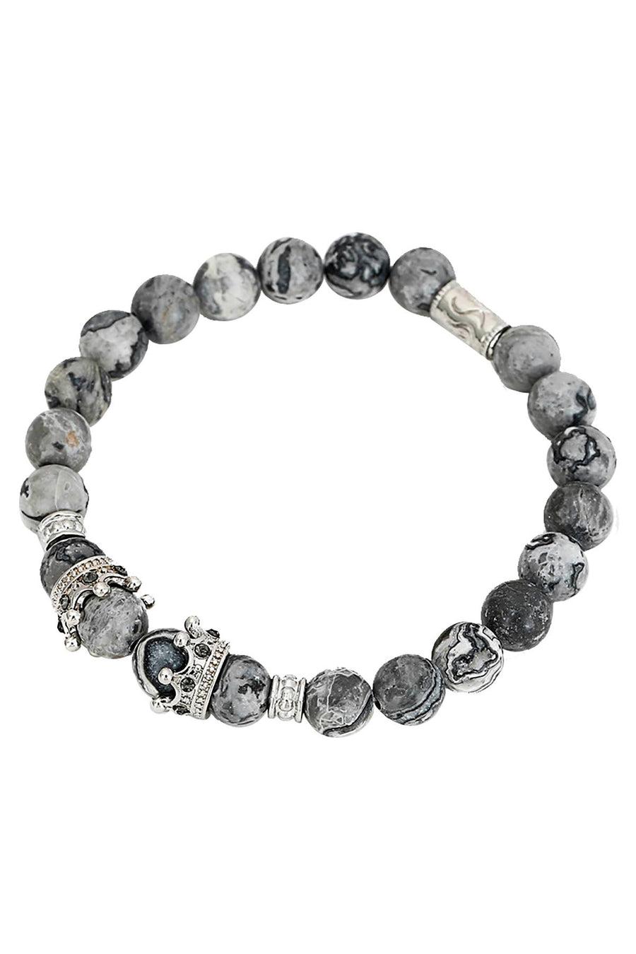 Silver Imperial Crown/Picasso Jasper Marble/Pavé Black CZ Bracelet