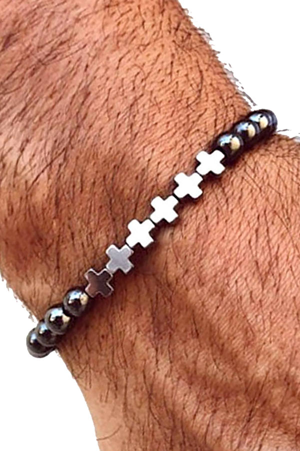 Silver Plated '+++' Hematite Stone Skinny Bracelet