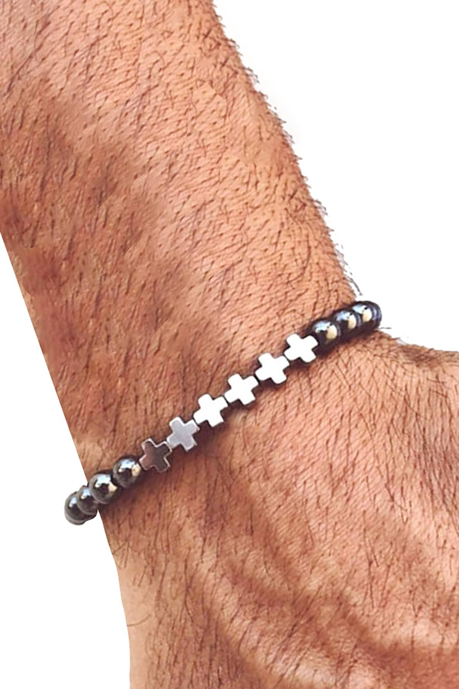 Silver Plated '+++' Hematite Stone Skinny Bracelet