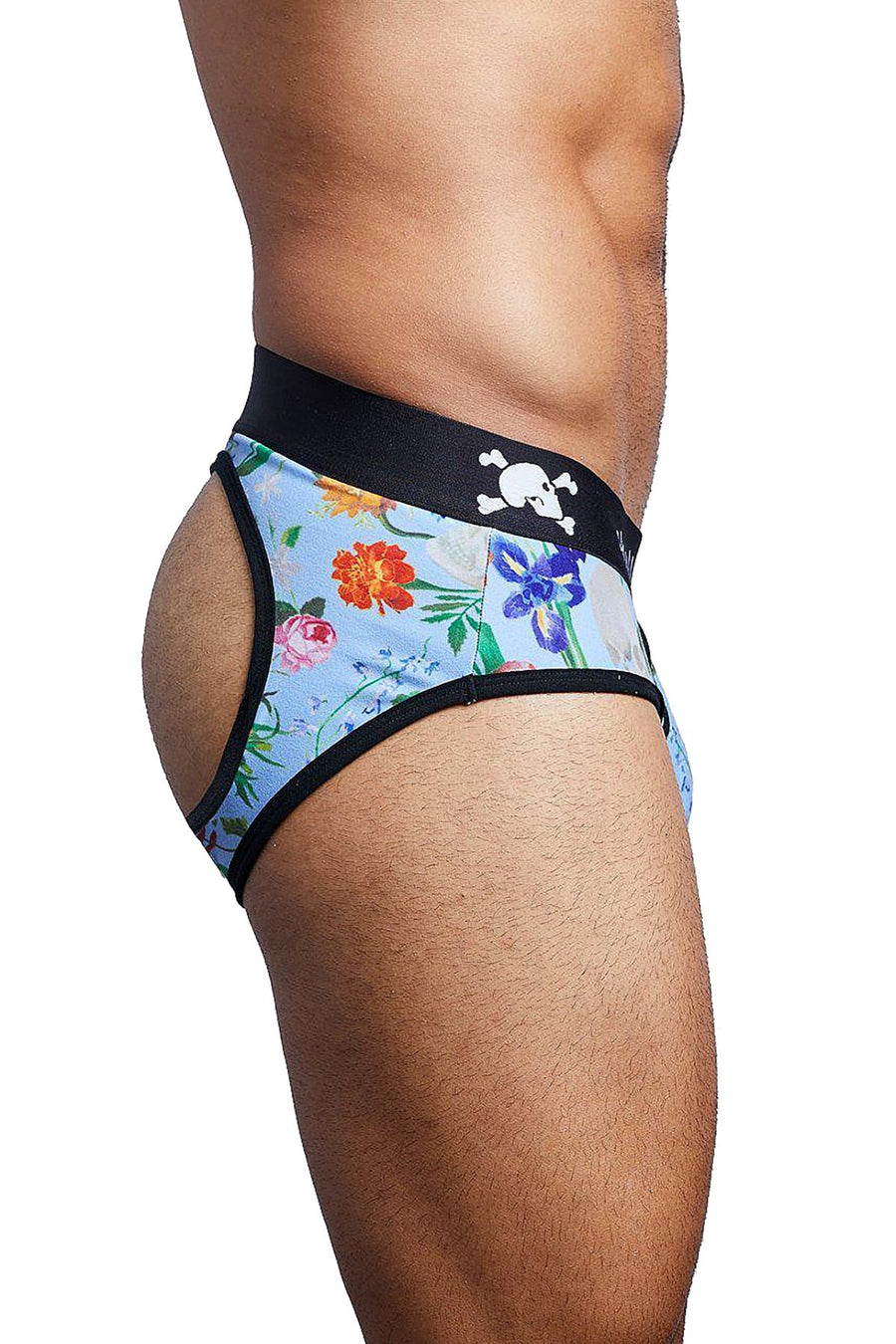 Skull & Bones Bleached-Denim Dutch-Floral Printed Peek-a-Boo Brief
