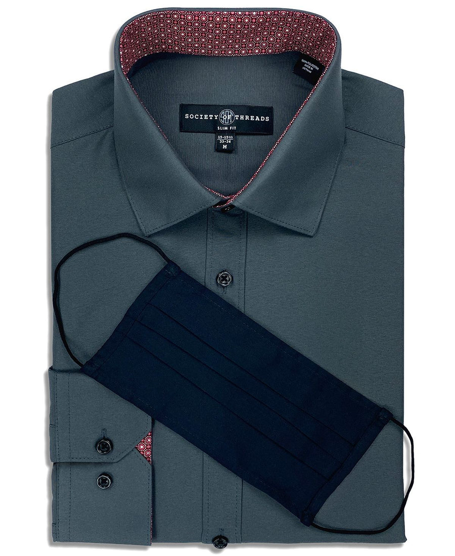 Society Of Threads Slim-fit Non-iron Performance Stretch Solid Dress Shirt With Pleated Face Mask Charcoal