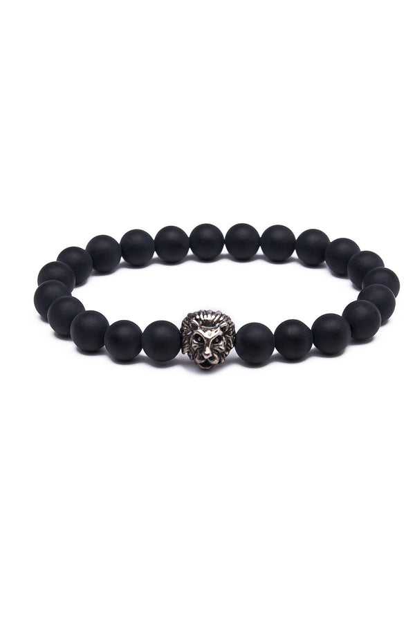 Something Strong Grey Onyx Stone & Silver Lion Bracelet