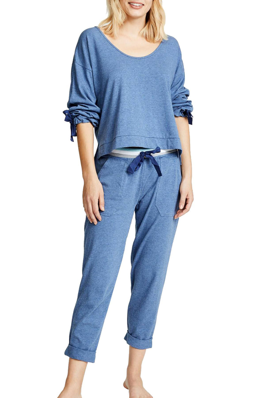 Splendid Ocean-Blue Tie-Sleeve Cropped Sweater