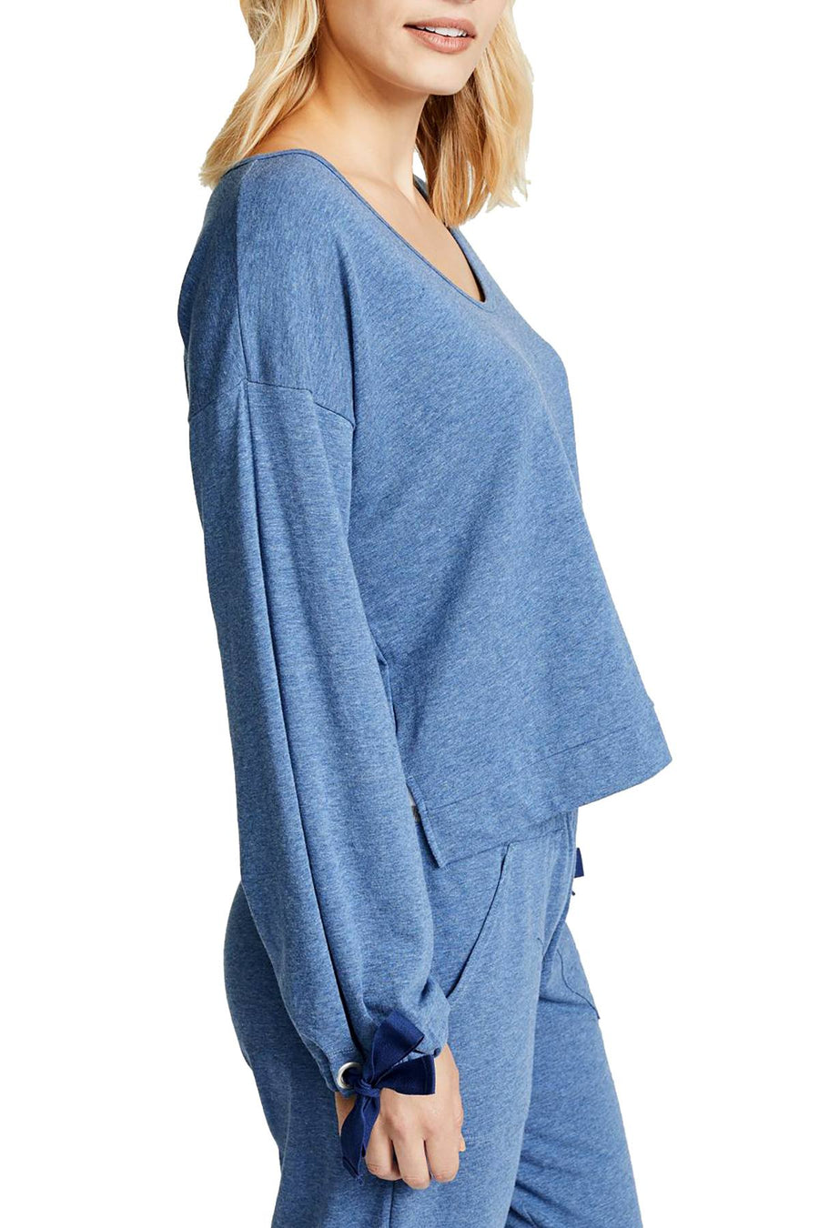Splendid Ocean-Blue Tie-Sleeve Cropped Sweater