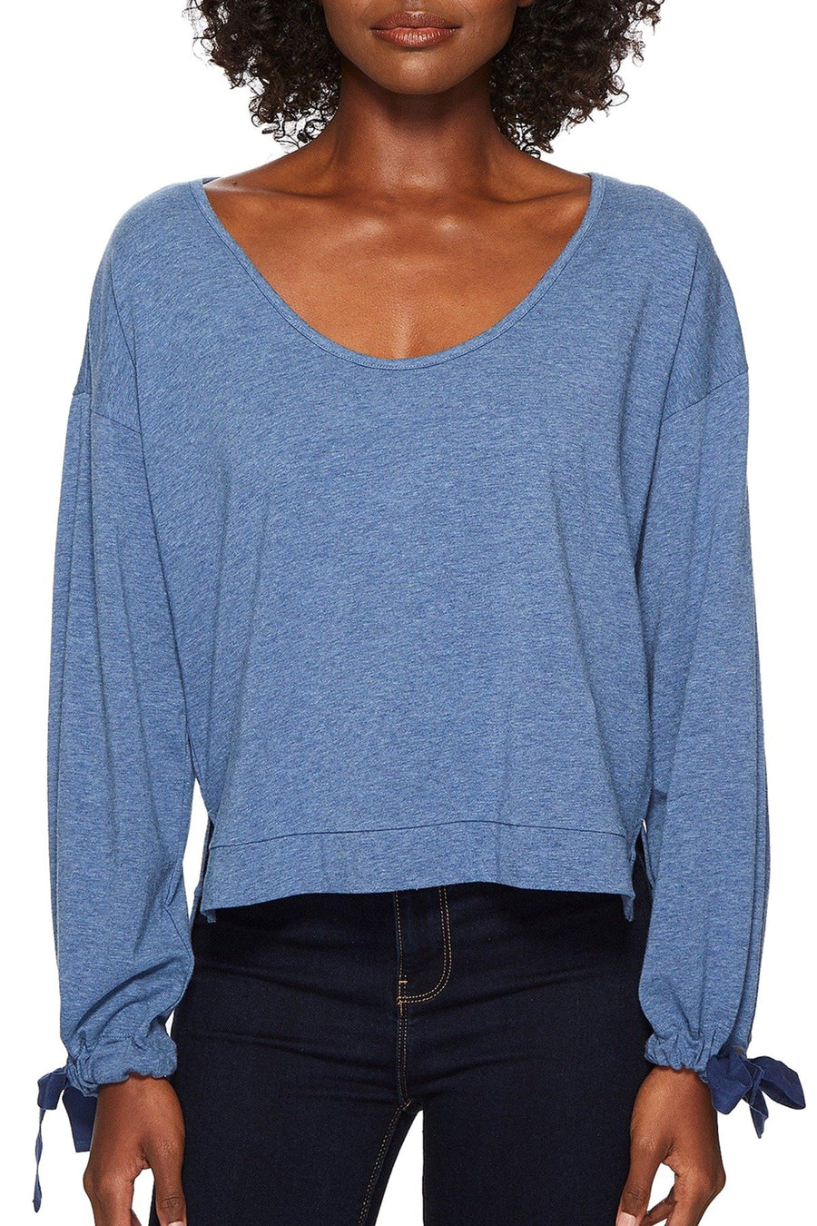 Splendid Ocean-Blue Tie-Sleeve Cropped Sweater