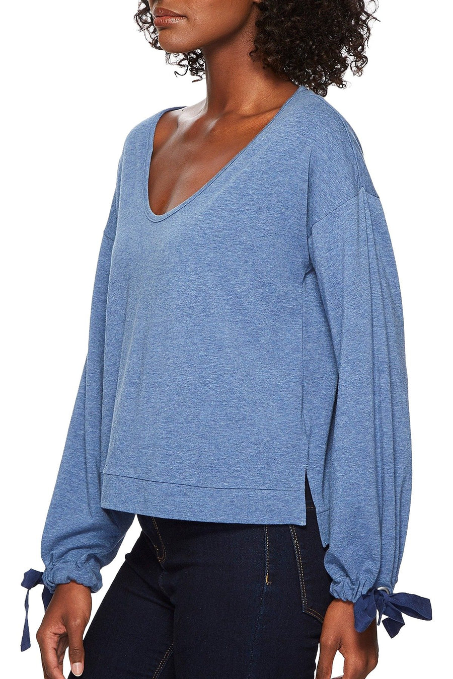 Splendid Ocean-Blue Tie-Sleeve Cropped Sweater
