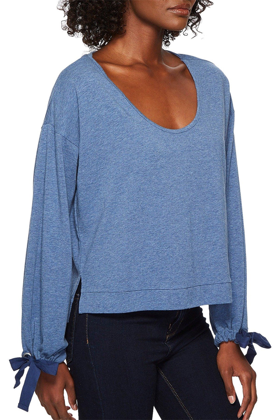 Splendid Ocean-Blue Tie-Sleeve Cropped Sweater
