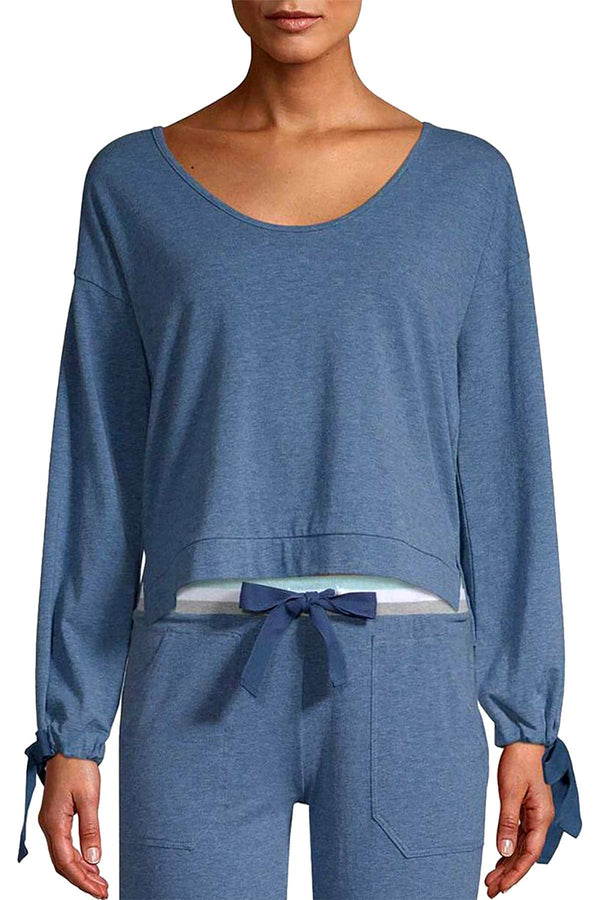 Splendid Ocean-Blue Tie-Sleeve Cropped Sweater