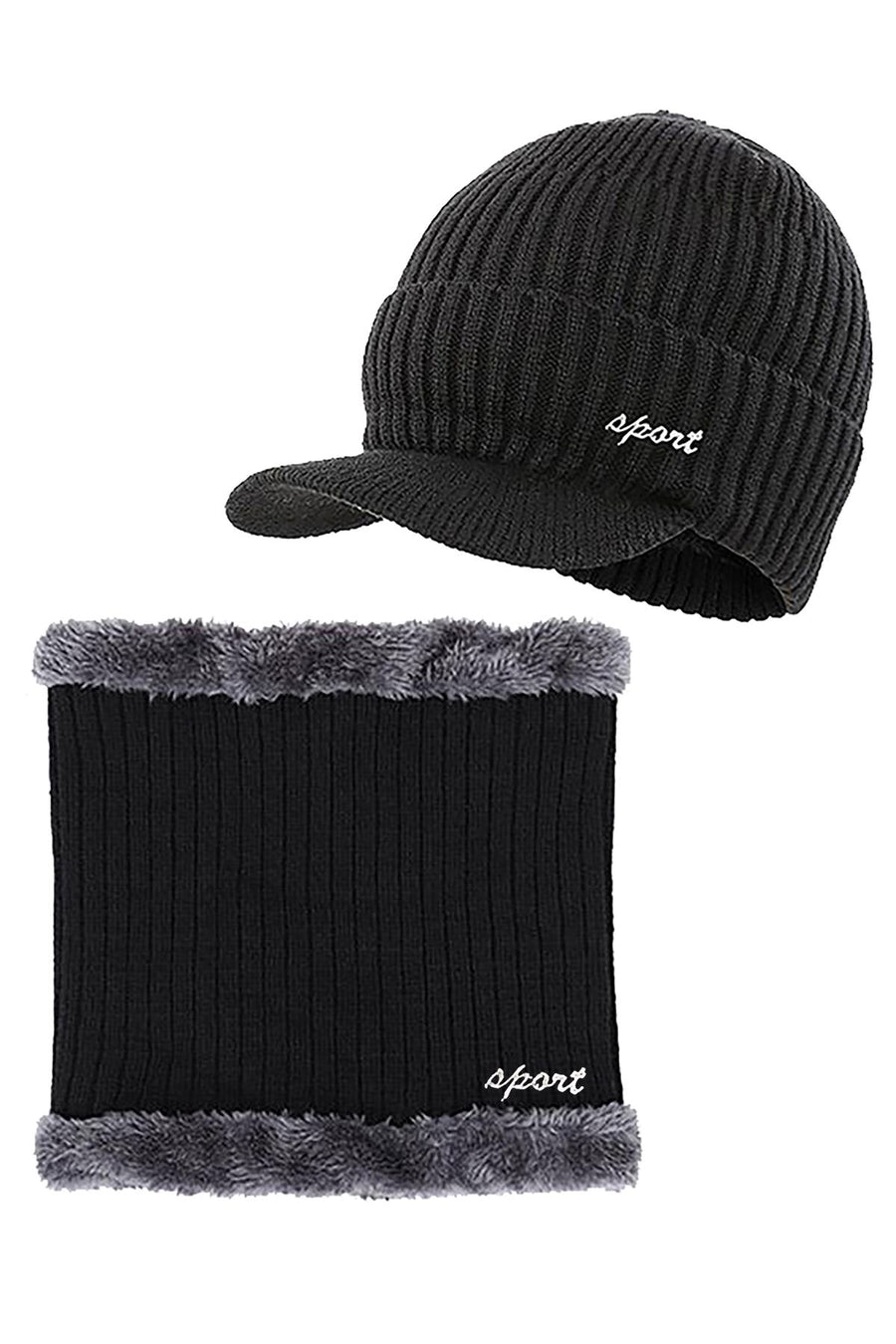 Sport All Black Knit Fleece Lined Hat & Scarf 2-Piece Set