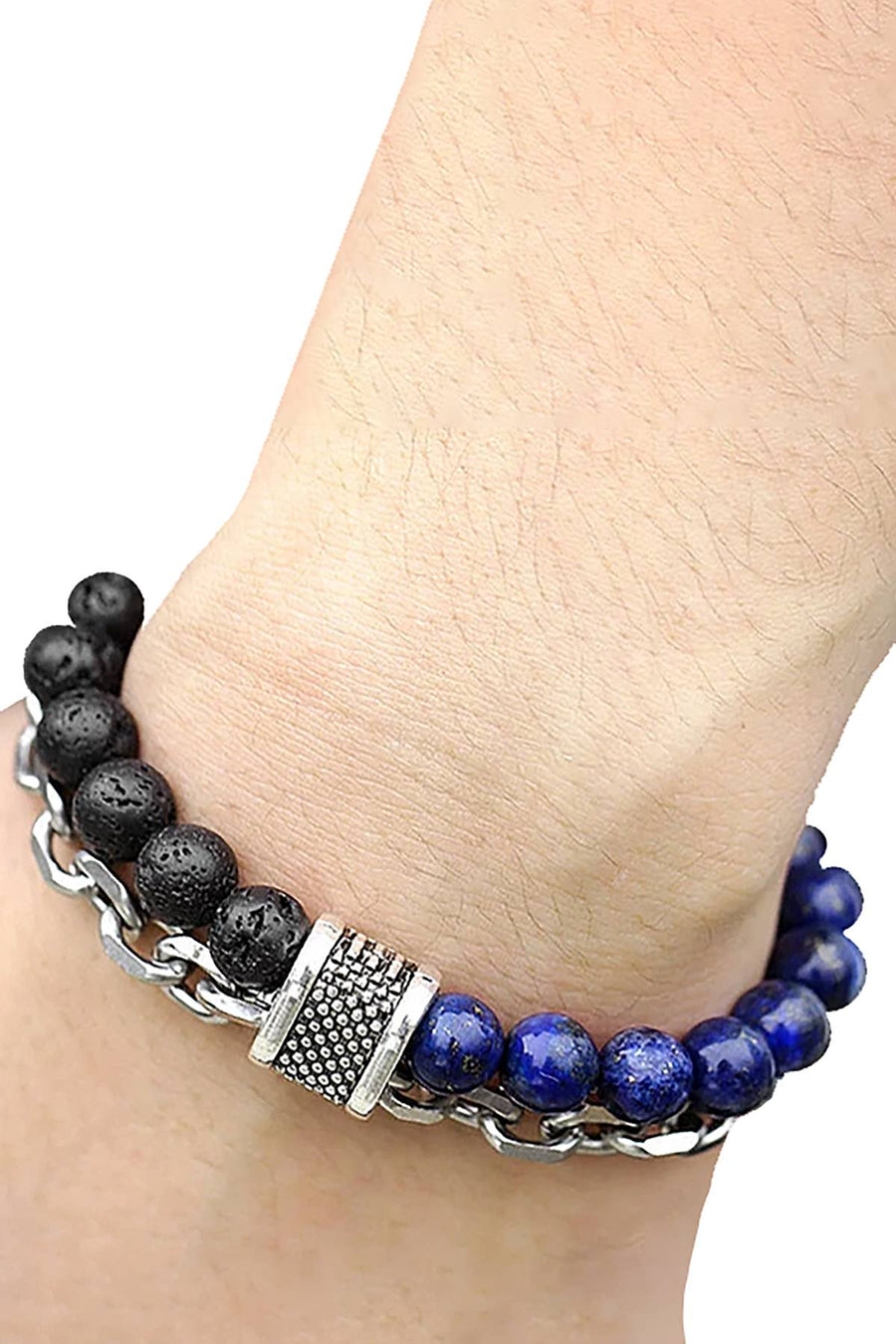 Stainless Steel / Lapis Lazuli / Lava Stone Bead and Chain Healing Bracelet
