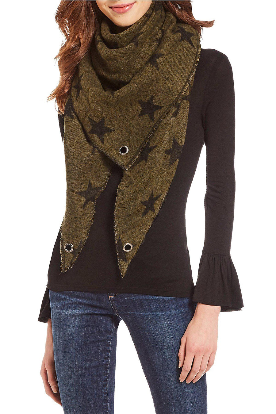 Steve Madden Army-Green Camo-Stars Traingle Blanket, Wrap / Scarf