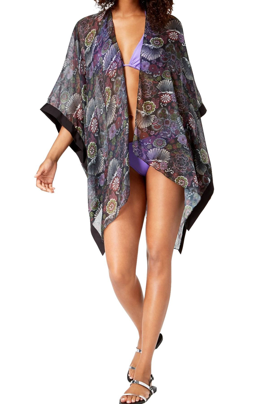 Steve Madden Black/Floral-Print Kimono Cape