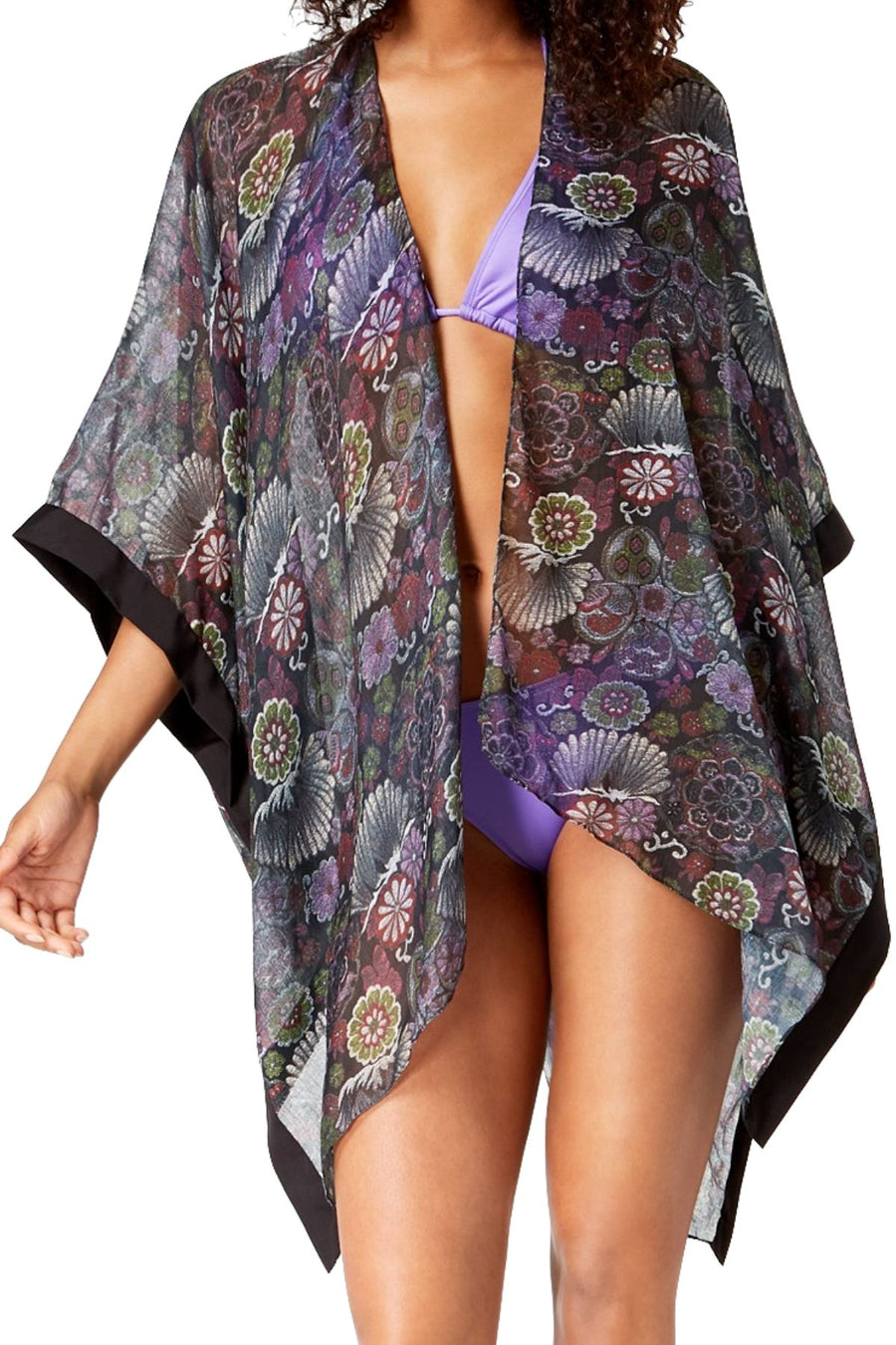 Steve Madden Black/Floral-Print Kimono Cape
