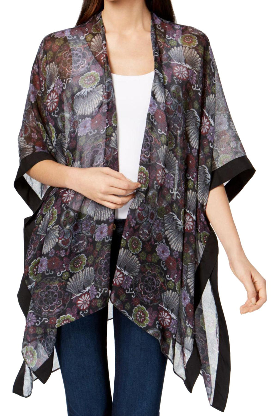 Steve Madden Black/Floral-Print Kimono Cape