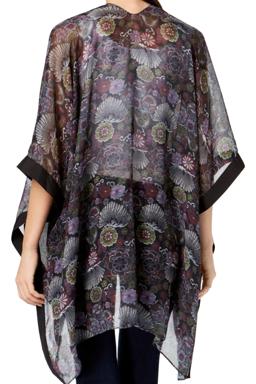 Steve Madden Black/Floral-Print Kimono Cape