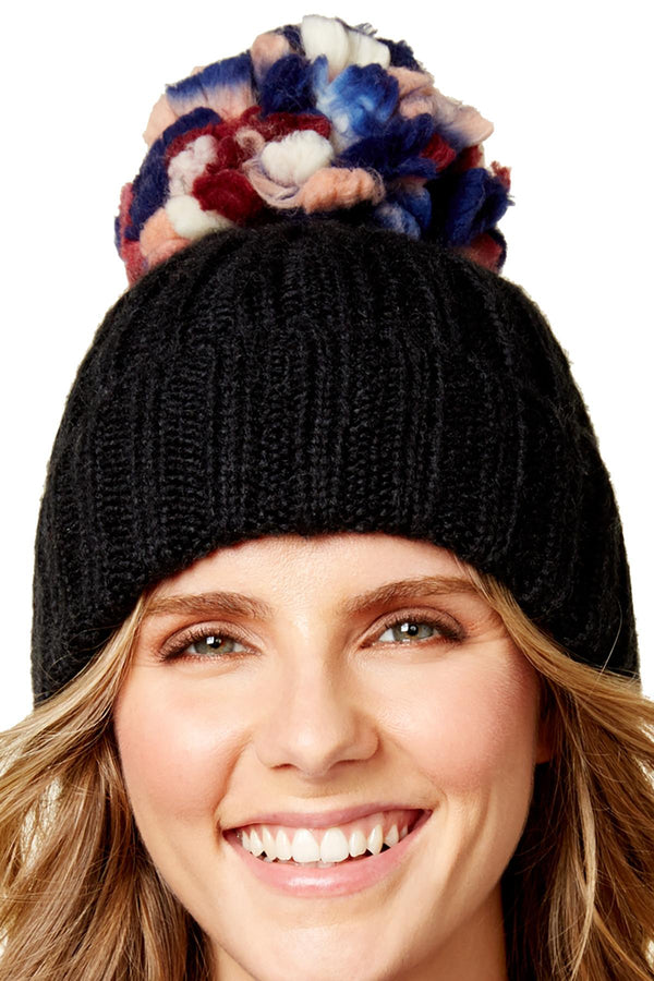 Steve Madden Black Over-The-Top Ribbed-Knit Beanie