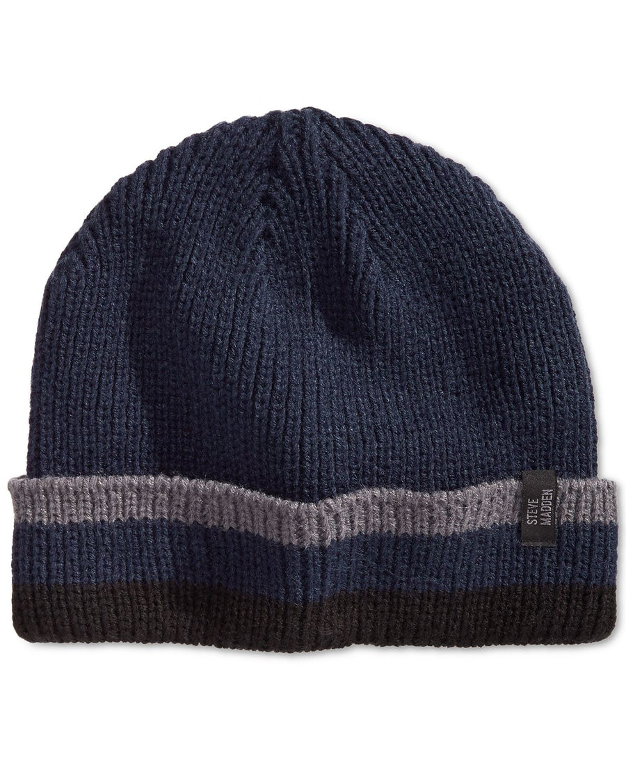 Steve Madden Striped Cuffed Beanie Navy