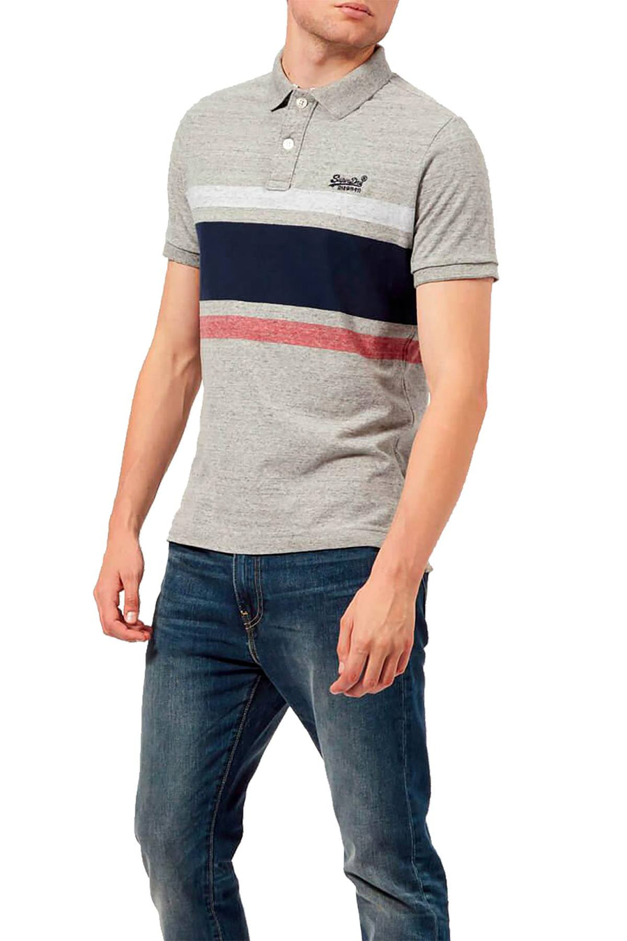 SuperDry Harbour-Grey Grindle Classic Hardwick Striped Polo Shirt