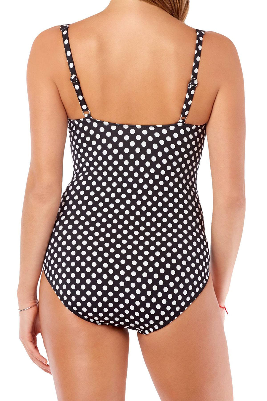 Swim Solutions Black/White-Dot Printed/Beaded Waist-Minimizer Swimsuit