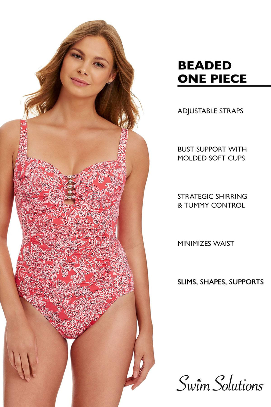 Swim Solutions Black/White-Dot Printed/Beaded Waist-Minimizer Swimsuit