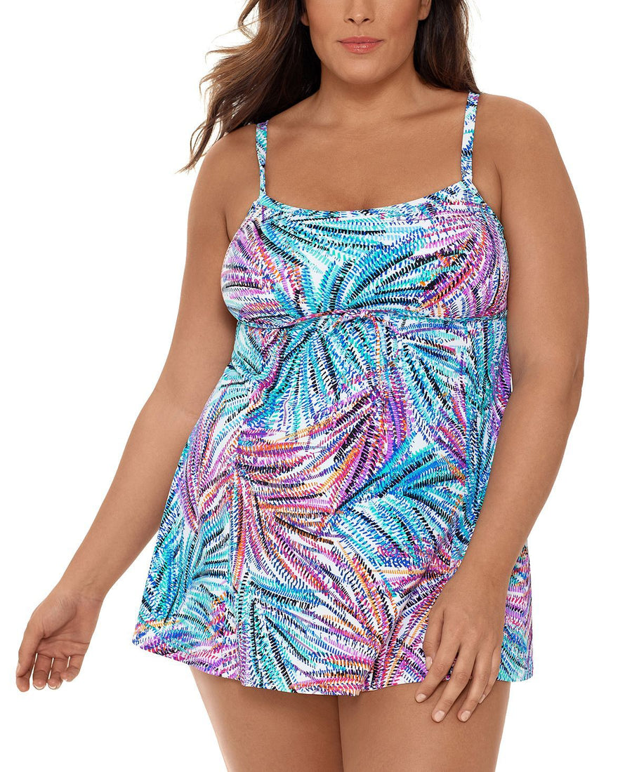 Swim Solutions Plus Palmalicious Printed Empire Tummy Control Swimdress Palmalicous
