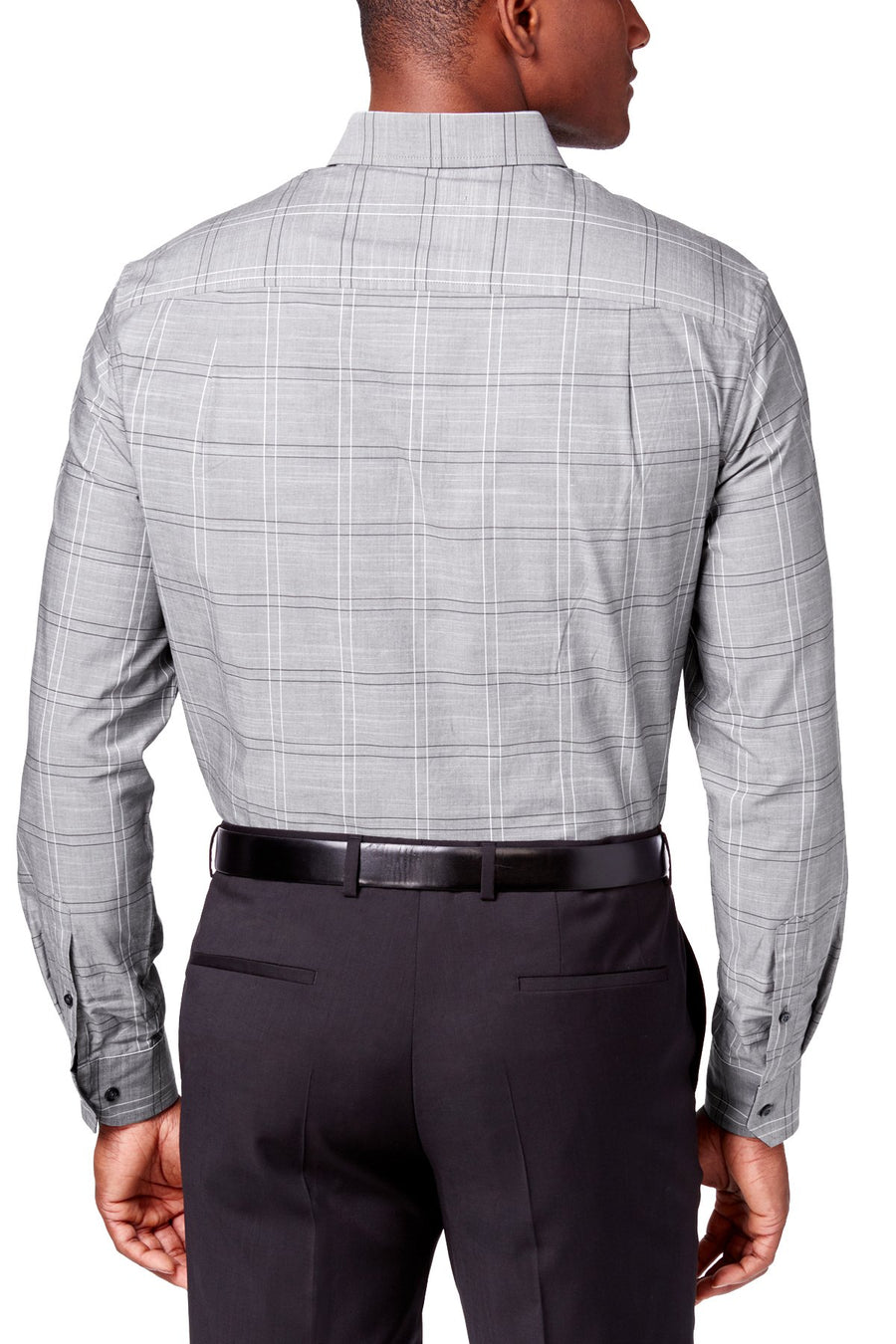 Tasso Elba Grey Combo Minimal Plaid Chambray Roll Tab Shirt