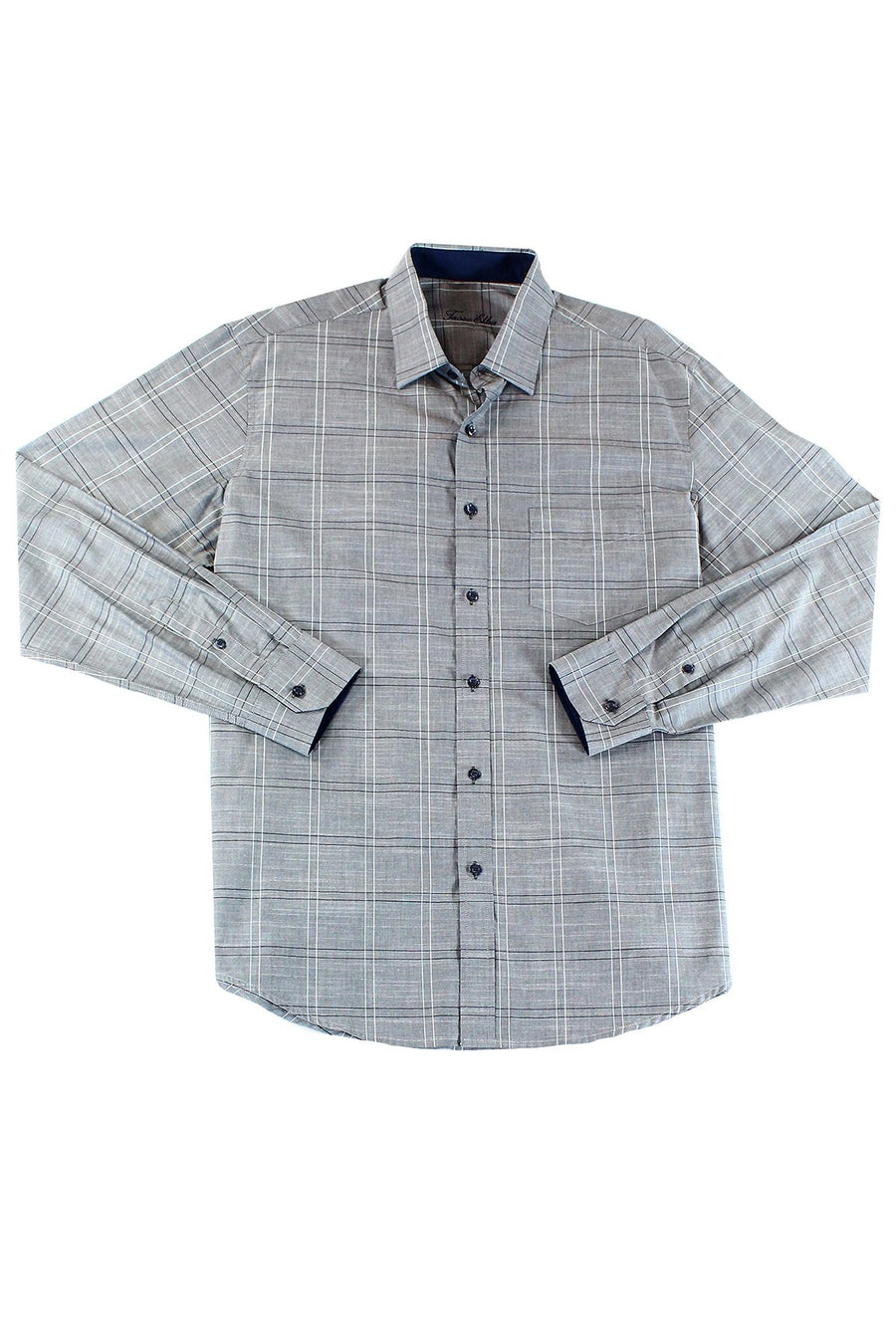 Tasso Elba Grey Combo Minimal Plaid Chambray Roll Tab Shirt