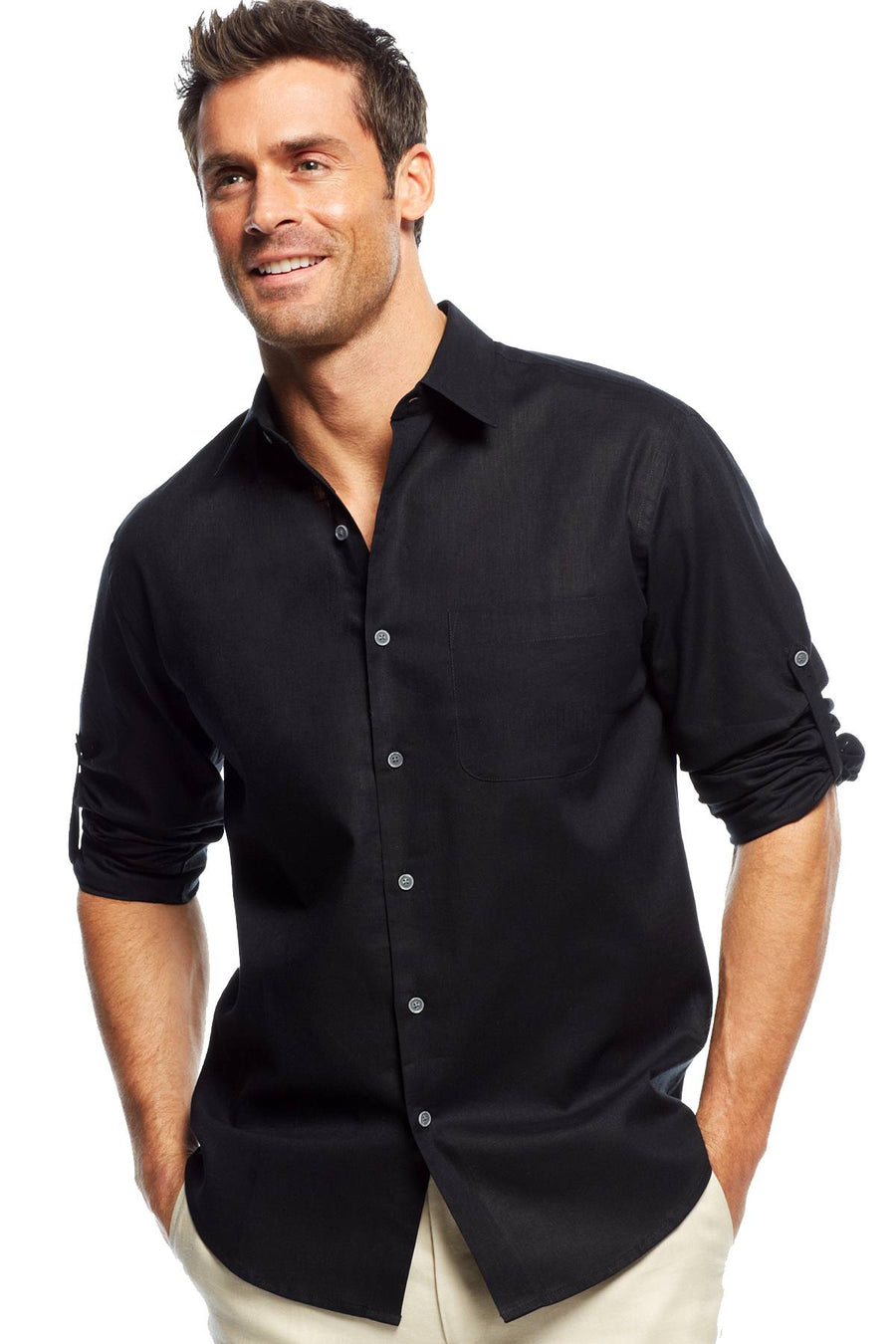 Tasso Elba Island Black Linen-Blend Adjustable Sleeves Button-Down Shirt