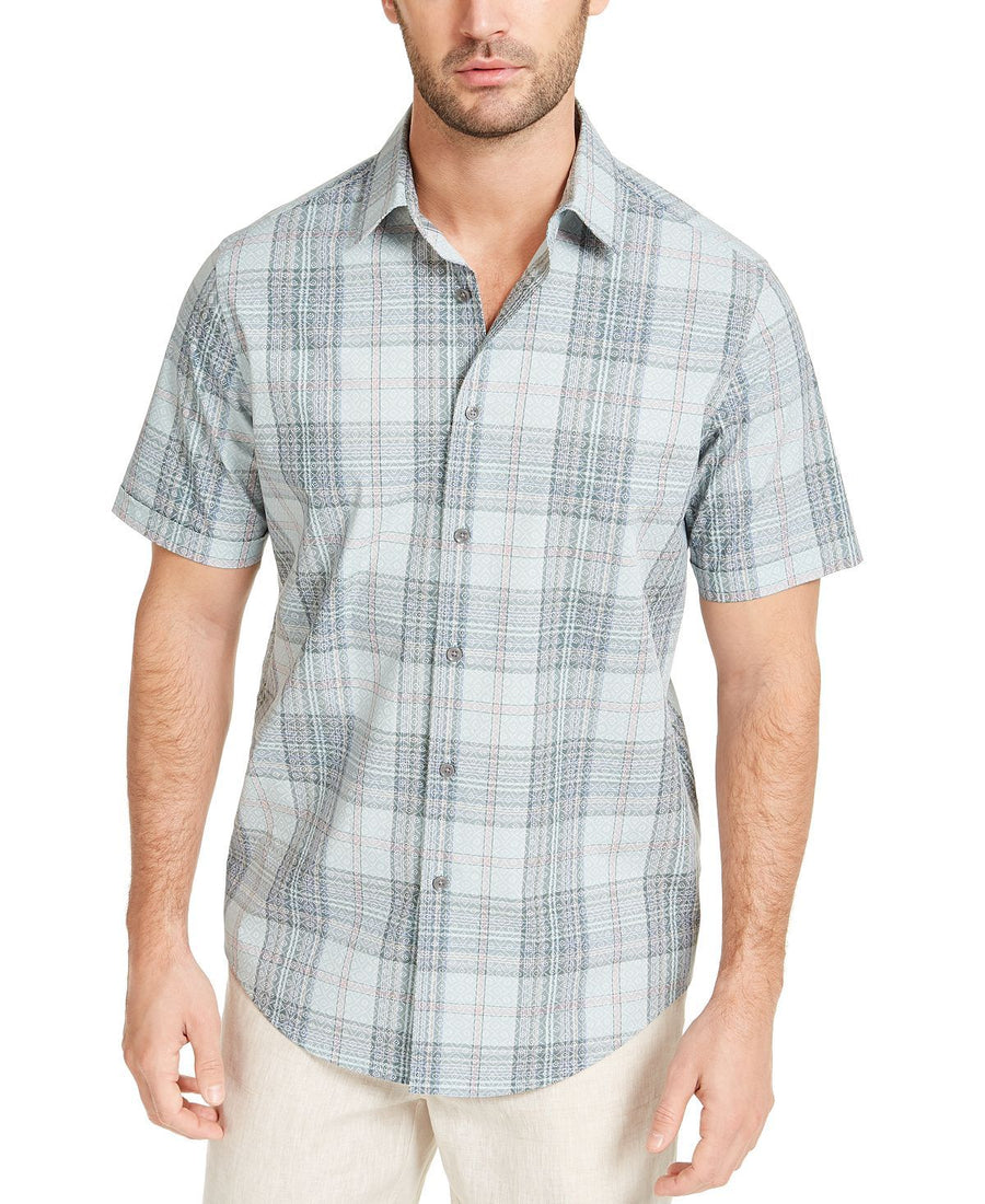 Tasso Elba Stretch Geo Plaid Shirt Green Combo