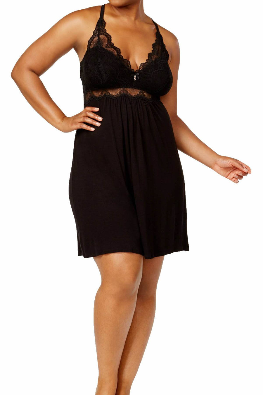 Thalia Sodi Intimates Black Lace-Bodice Knit Chemise