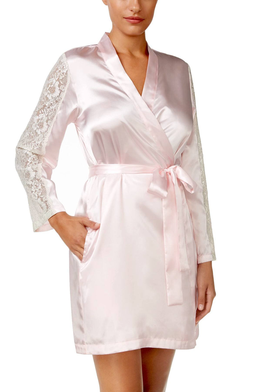 Thalia Sodi Intimates Bridal-Blush Lace-Sleeve Satin Wrap Robe