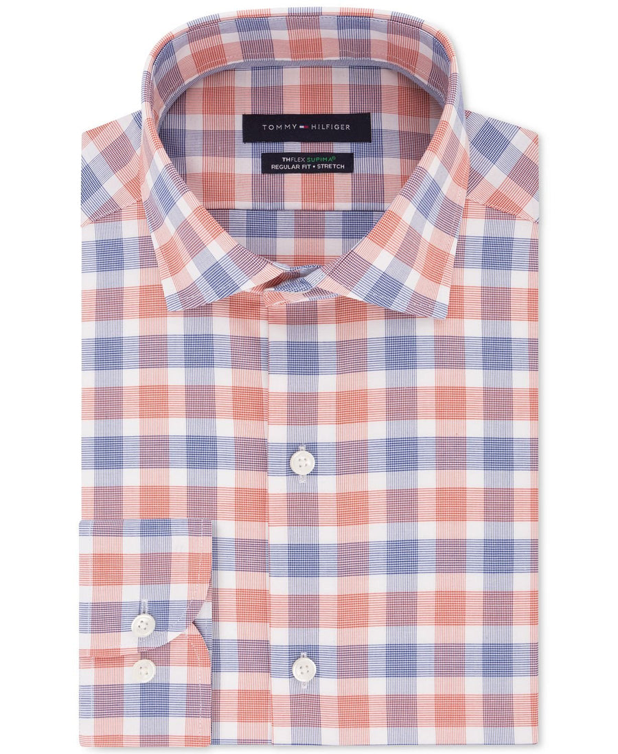 Tommy Hilfiger Classic/regular Fit Non-iron Thflex Supima Performance Stretch Check Dress Shirt Orange