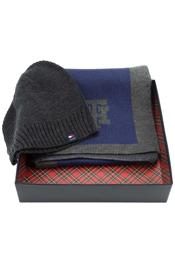 Tommy Hilfiger Grey/Blue Beanie & Scarf Set