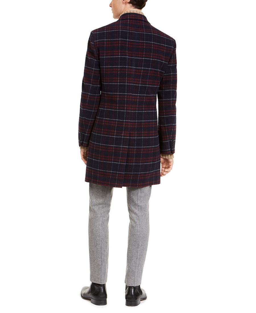 Tommy Hilfiger Modern-fit Performance Stretch Flex Plaid Addison Overcoat Red Blue Plaid